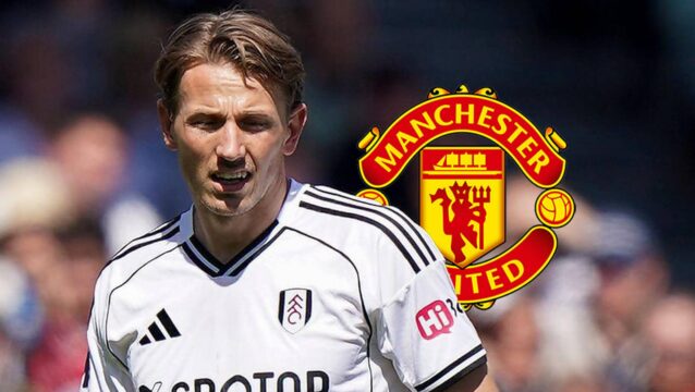 Fulham star Sander Berge with a Man Utd badge