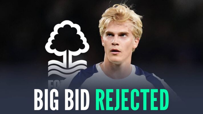 Tottenham Hotspur midfielder Lucas Bergvall next to the Nottingham Forest badge and the words 'big bid rejected'