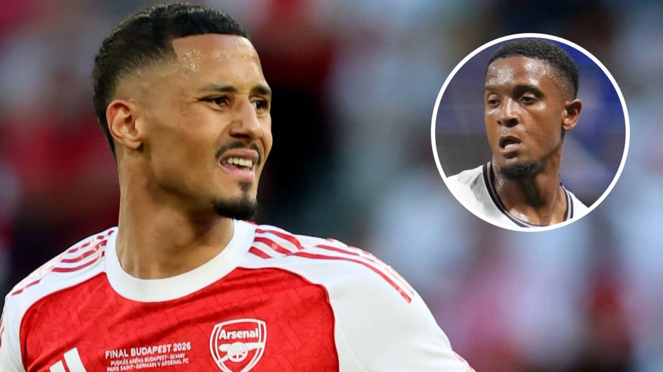 Arsenal defender William Saliba and, inset, Aston Villa's England defender Ezri Konsa