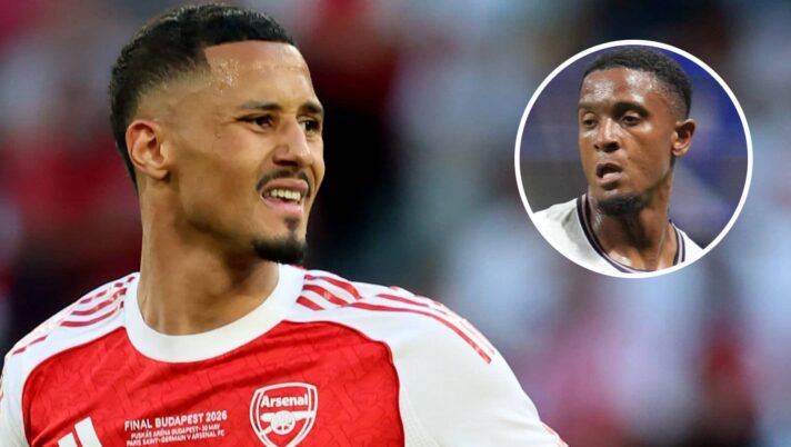 Arsenal defender William Saliba and, inset, Aston Villa's England defender Ezri Konsa