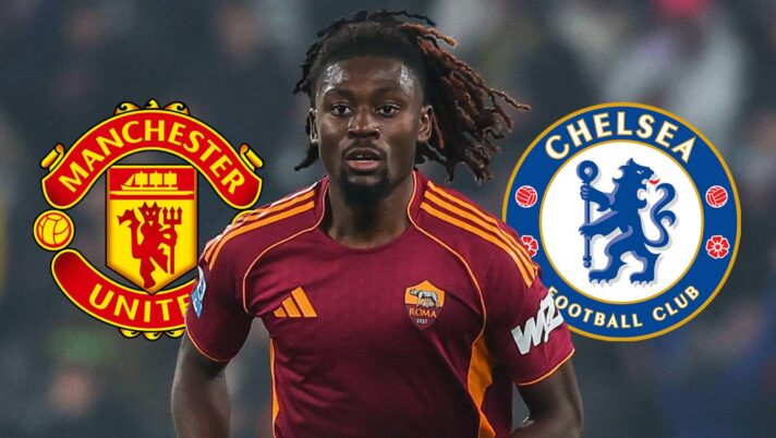 Roma star Kouadio Kone next to the badges of Manchester United and Chelsea