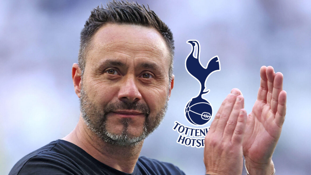 Tottenham Hotspur Roberto De Zerbi next to the club badge