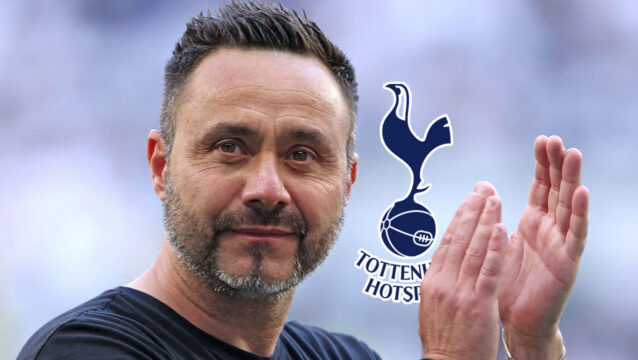 Tottenham Hotspur manager Roberto De Zerbi next to the Tottenham Hotspur badge - copyright TEAMtalk