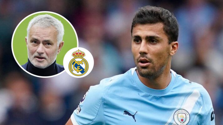 Jose Mourinho, Real Madrid badge and Manchester City midfielder Rodri - copyright F365