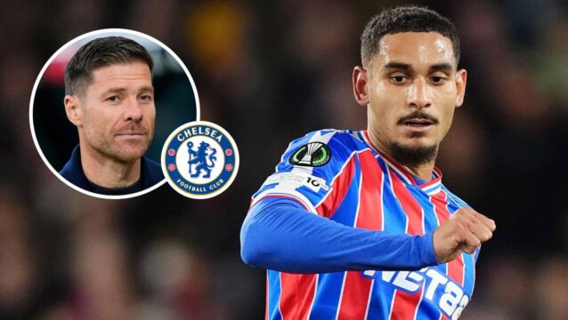 Chelsea manager Xabi Alonso, Chelsea badge and Crystal Palace defender Maxence Lacroix - copyright TEAMtalk