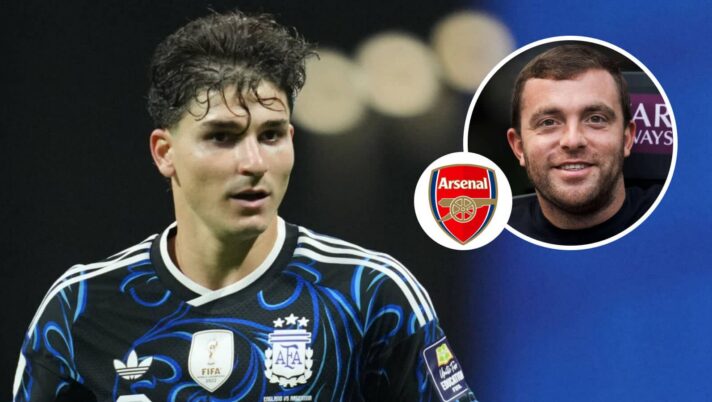 Atletico Madrid striker Julian Alvarez, Arsenal badge and Fabrizio Romano - copyright TEAMtalk