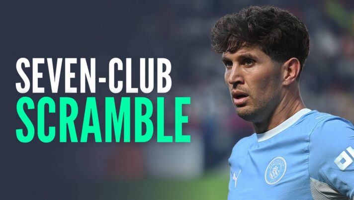 Former Manchester City defender John Stones next to the words 'seven-club scramble'