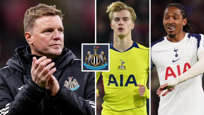Eddie Howe with Tottenham pair Lucas Bergvall and Djed Spence