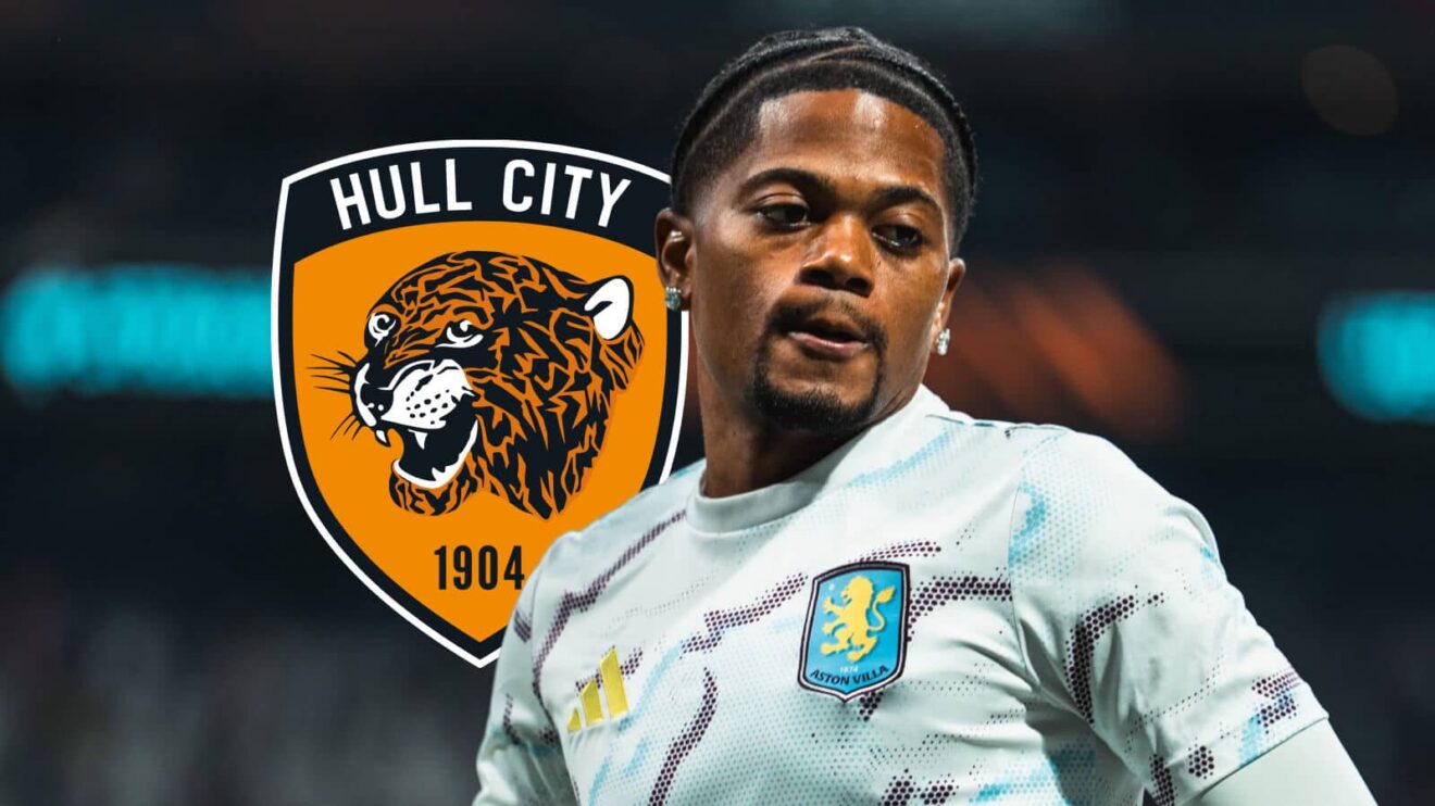 Aston Villa winger Leon Bailey next to the Hull City badge