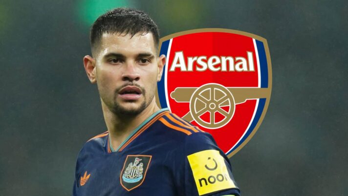 Newcastle United captain Bruno Guimaraes next to the Arsenal badge