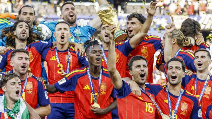 Nico Williams, Rodri, Mikel Merino and Fabian Ruiz celebrate Spain's World Cup final success in New Jersey, New York