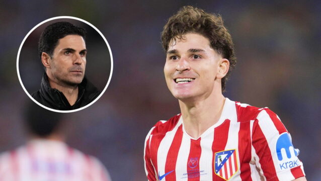 Mikel Arteta (inset), alongside a smiling Julian Alvarez