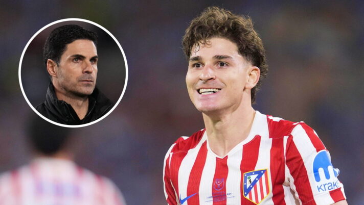 Mikel Arteta (inset), alongside a smiling Julian Alvarez