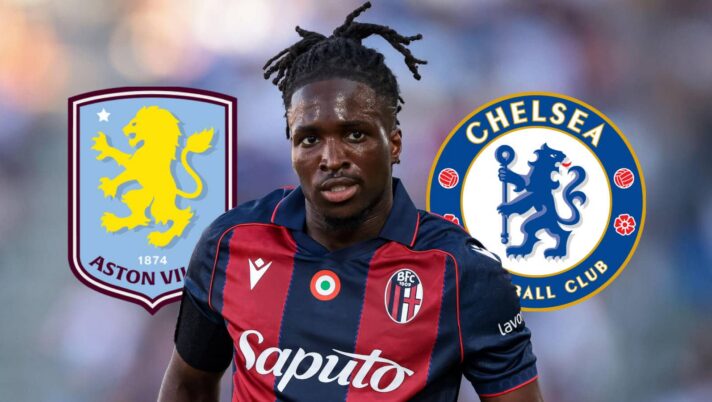 Jonathan Rowe of Bologna in the middle of the badges of Aston Villa and Chelsea