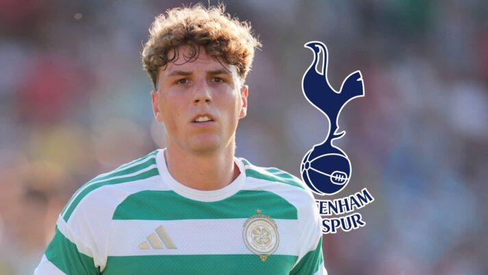 Celtic's Arne Engels with Tottenham badge