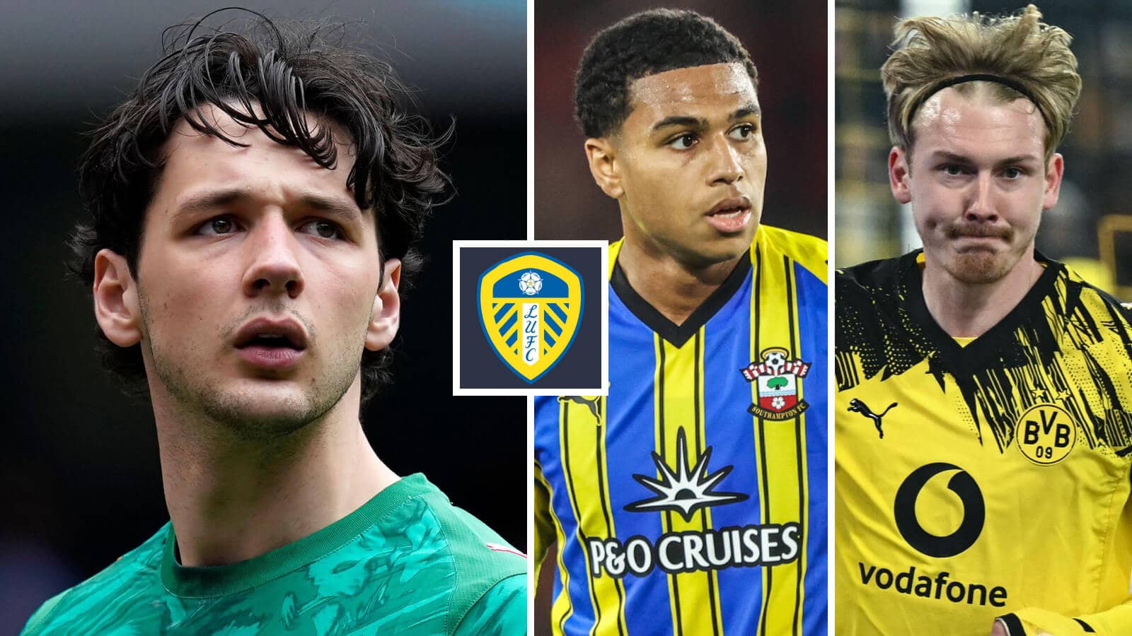 Goalkeeper James Trafford and midfielders Shea Charles and Julian Brandt next to the Leeds United badge