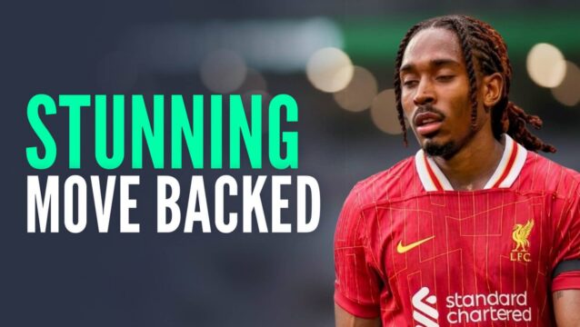Tottenham star Djed Spence with a Liverpool shirt Photoshopped on him and the words 'stunning move backed'