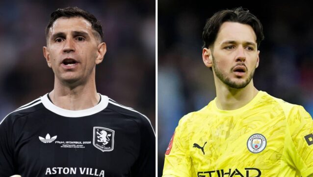 Aston Villa keeper Emiliano Martinez and James Trafford of Manchester City
