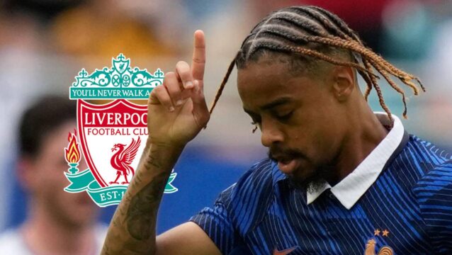 PSG and France winger Bradley Barcola next to the Liverpool badge