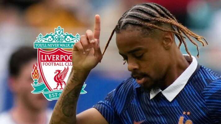 PSG and France winger Bradley Barcola next to the Liverpool badge