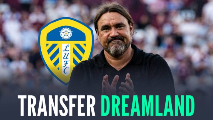 Leeds boss Daniel Farke next to the club badge and the words 'transfer dreamland'