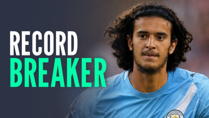 Lille midfielder Ayyoub Bouaddi with a Manchester City shirt Photoshopped over him and the words 'record breaker'
