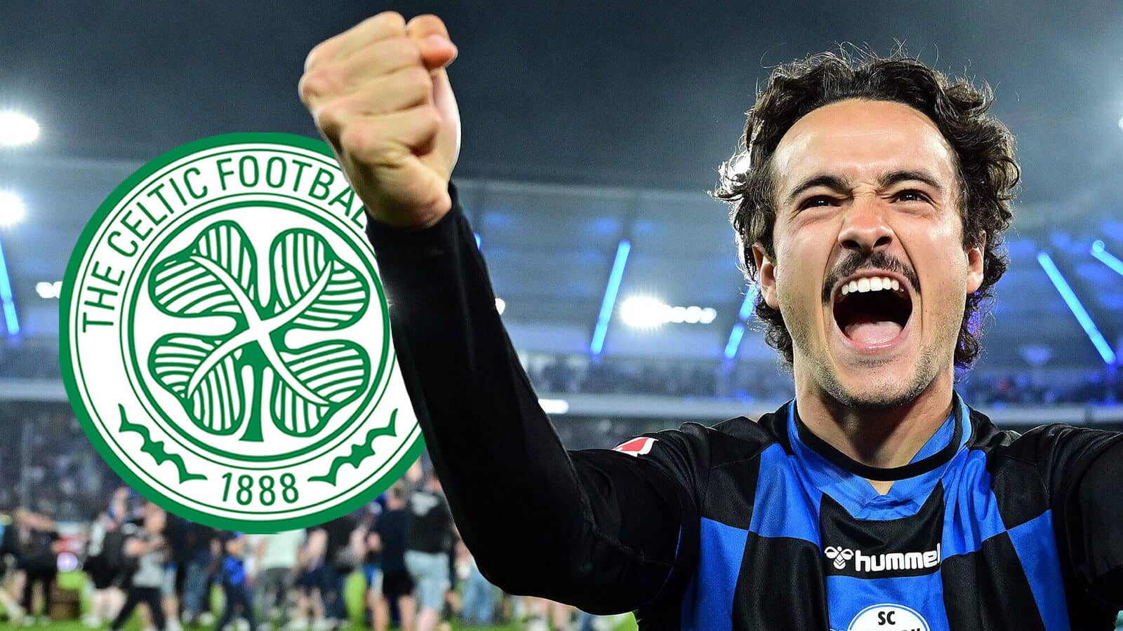 Paderborn star Mika Baur next to the Celtic badge