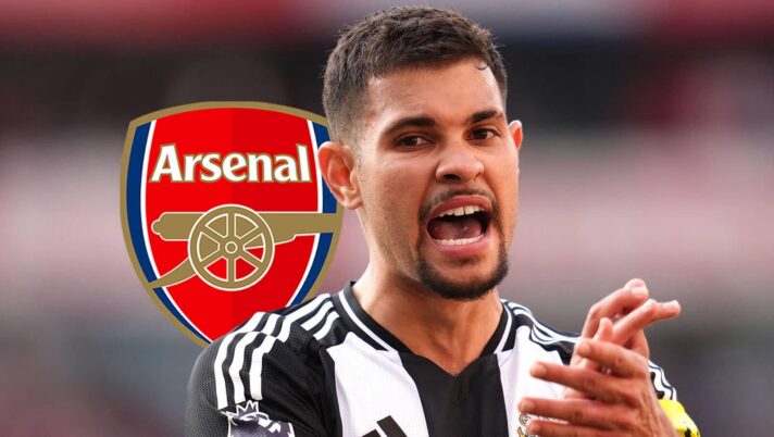 Newcastle United captain Bruno Guimaraes next to the Arsenal badge