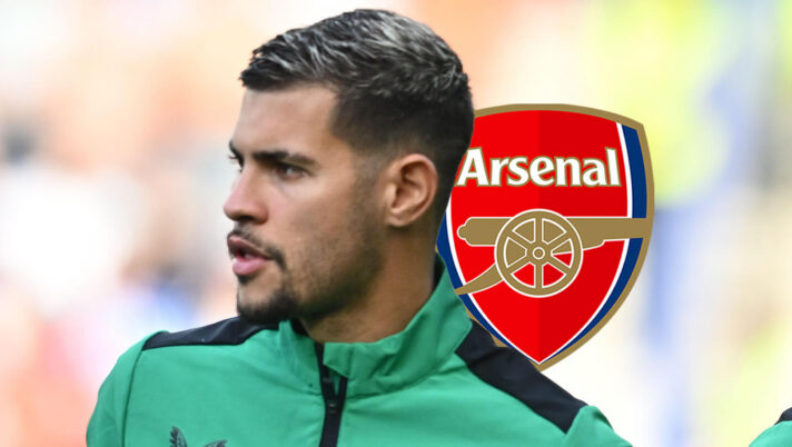 Newcastle United captain Bruno Guimaraes next to the Arsenal badge