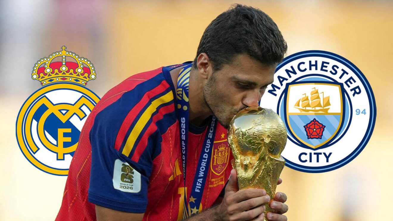 Real Madrid badge, Rodri and Manchester City badge - copyright TEAMtalk
