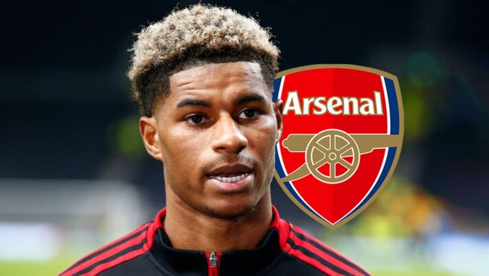 Manchester United star Marcus Rashford next to the Arsenal badge