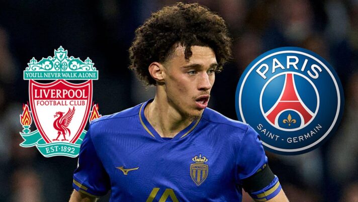 Maghnes Akliouche with Liverpool, PSG badges
