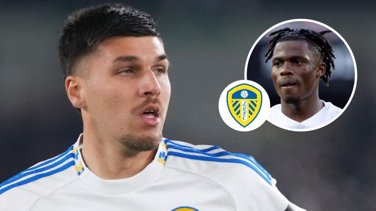 Joel Piroe looks on, with Largie Ramazani and a Leeds United badge (inset)