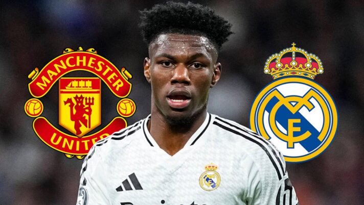 Manchester United badge, Aurelien Tchouameni and Real Madrid badge - copyright TEAMtalk