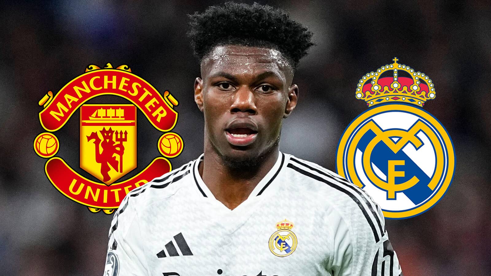 Manchester United badge, Aurelien Tchouameni and Real Madrid badge - copyright TEAMtalk