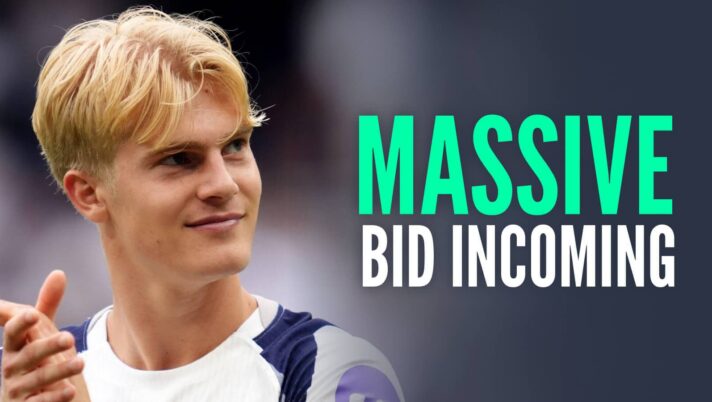 Tottenham Hotspur star Lucas Bergvall next to the words 'massive bid incoming'