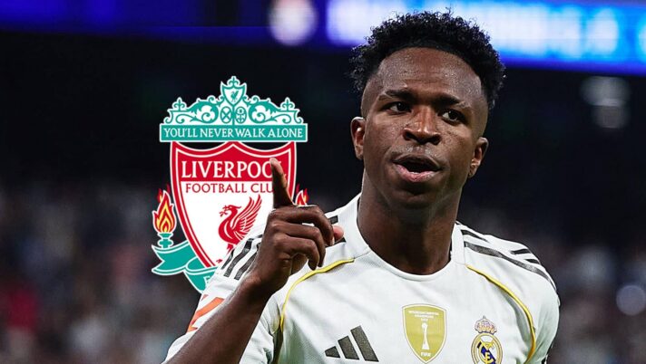 Liverpool badge and Real Madrid winger Vinicius Junior - copyright TEAMtalk