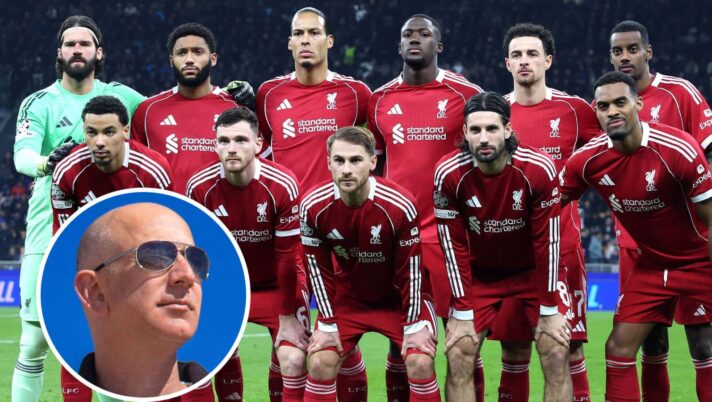 Amazon founder Jeff Bezos, inset,and the Liverpool FC side ahead of a Champions League game