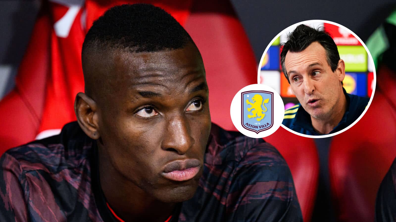 Chelsea striker Nicolas Jackson is a target for Aston Villa boss Unai Emery, inset, seen here next to his club's badge