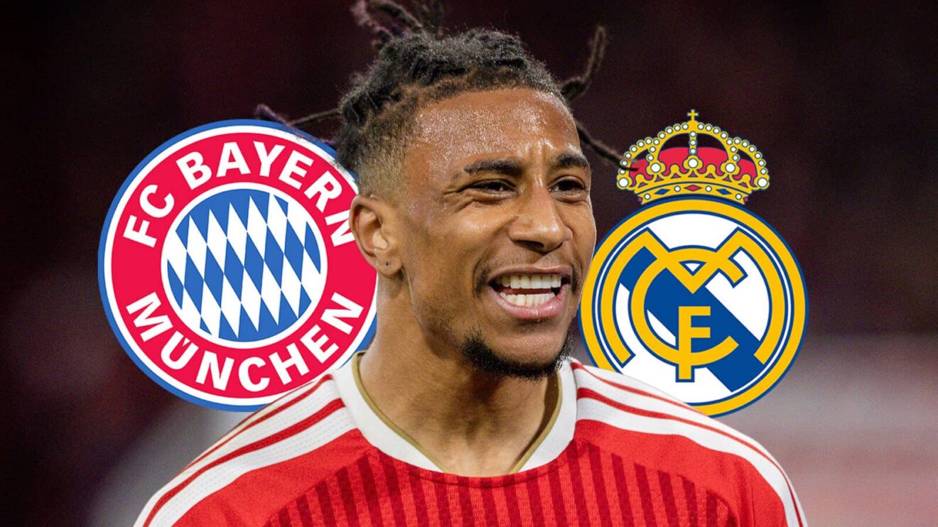 Michael Olise with Bayern Munich and Real Madrid badges