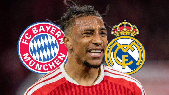 Michael Olise with Bayern Munich and Real Madrid badges