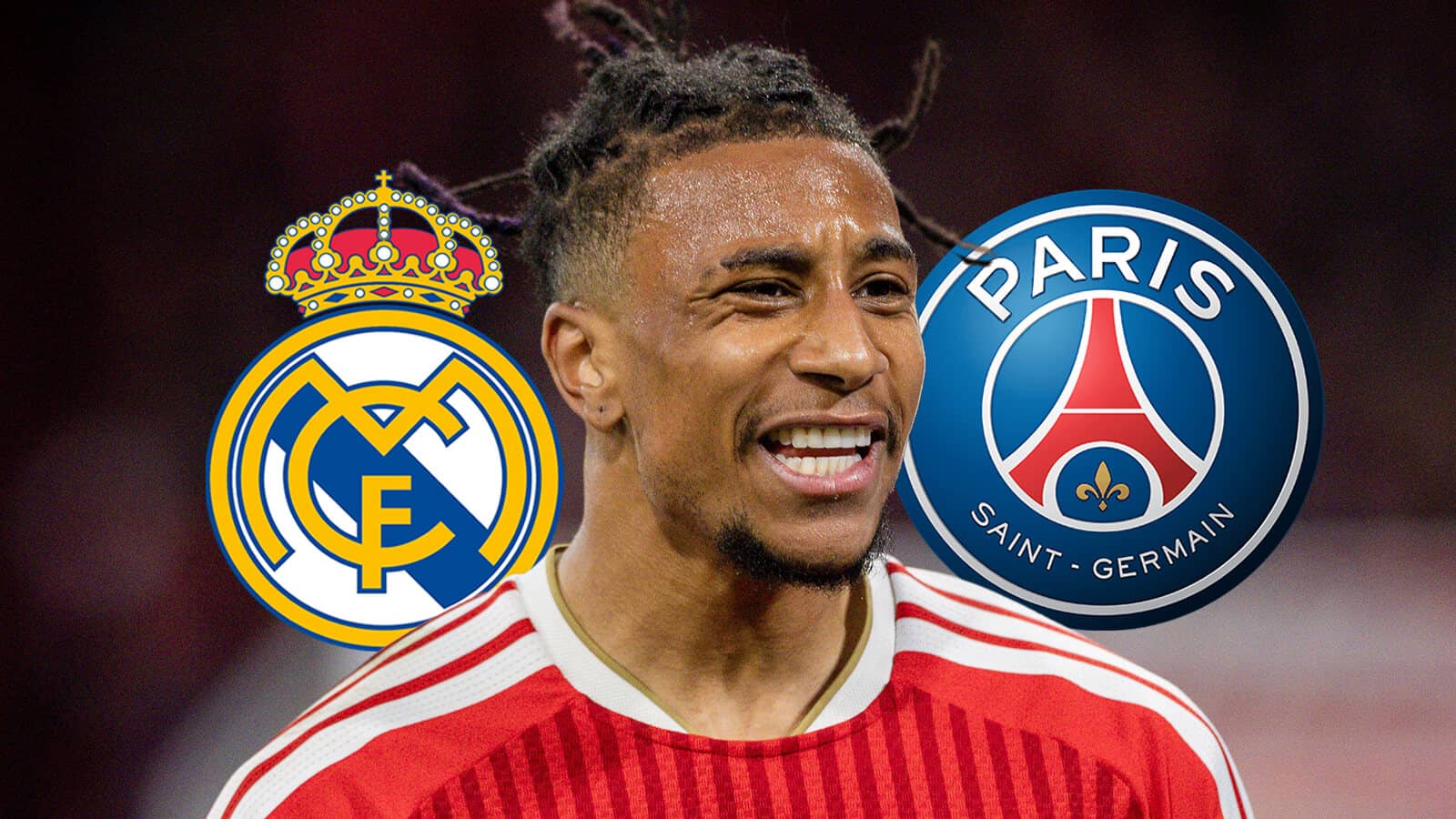 Real Madrid badge, Bayern Munich winger Michael Olise and Paris Saint-Germain - copyright TEAMtalk