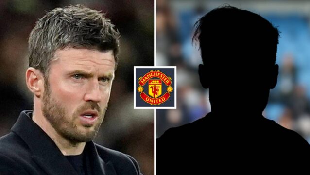 Split image of Manchester United manager Michael Carrick and a shadow, with the Manchester United badge in between - copyright TEAMtalk