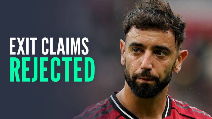 Manchester United captain Bruno Fernandes next to the words 'exit claims rejected'