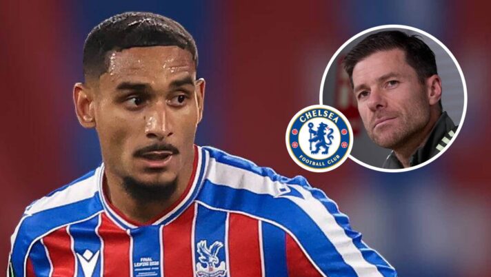 Crystal Palace's Maxence Lacroix, alongside Xabi Alonso and a Chelsea badge (inset)