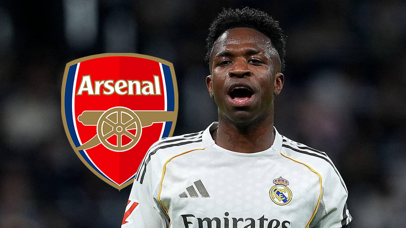 Arsenal badge, Real Madrid winger Vinicius Jr