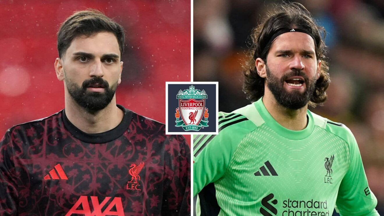 Split image of Giorgi Mamardashvili and Alisson with the Liverpool badge in between - copyright TEAMtalk