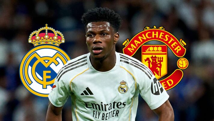 Real Madrid badge, Aurelien Tchouameni and Manchester United badge - copyright TEAMtalk