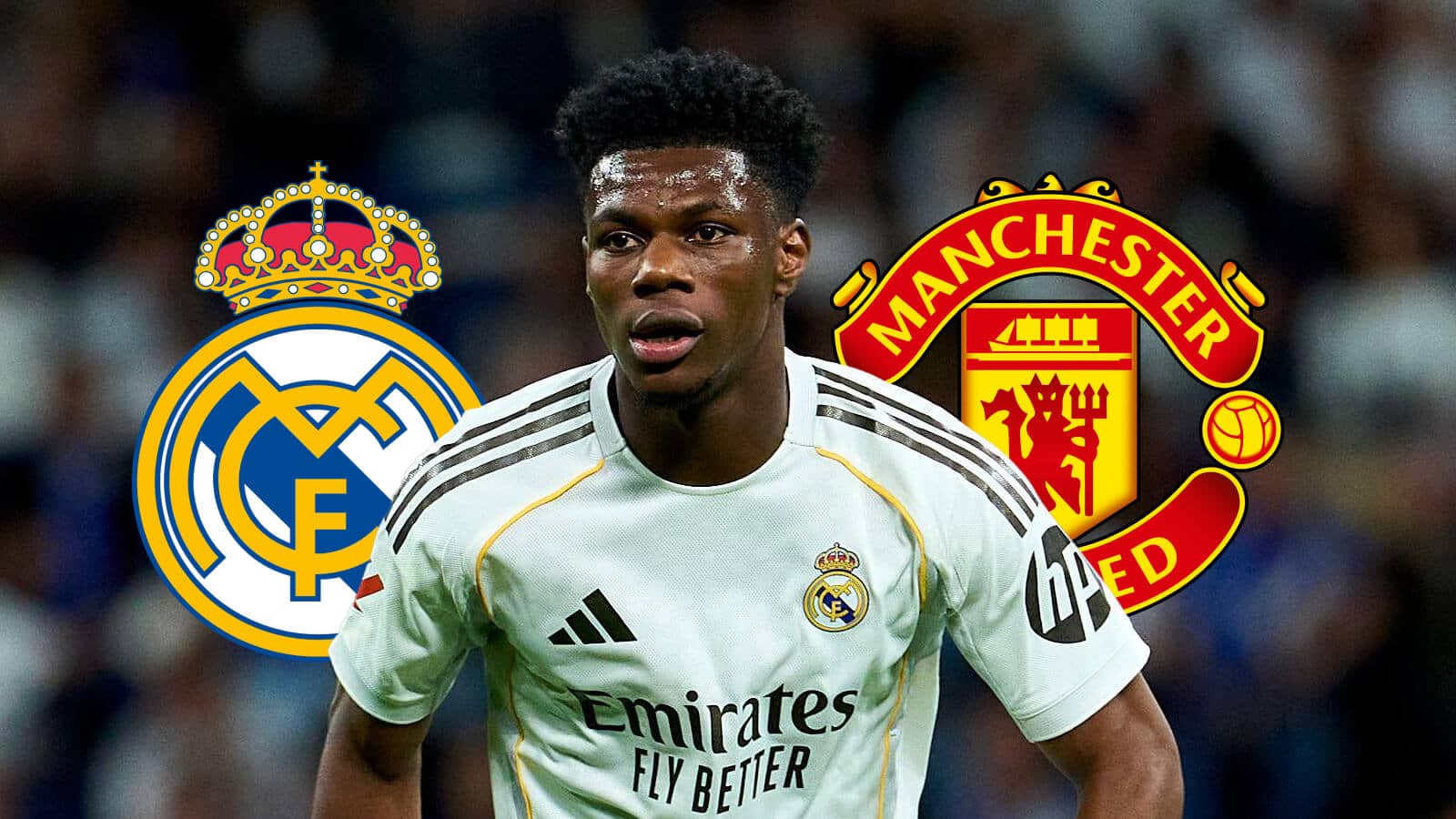 Real Madrid badge, Aurelien Tchouameni and Manchester United badge - copyright TEAMtalk