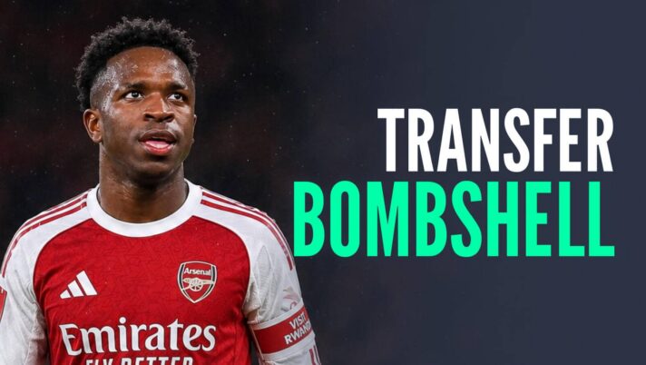Real Madrid star Vinicius Junior with an Arsenal shirt Photoshopped on him and the words 'transfer bombshell'